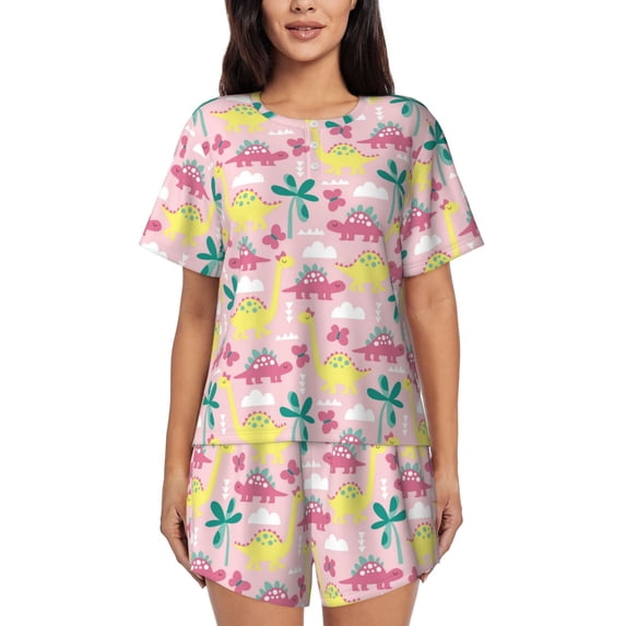 Wukai Dinosaur Women's Pajama Set,Short-Sleeve Top and Shorts with Elastic Waistband and Pockets for Loungewear, Yoga, and Casual Wear-XX-Large