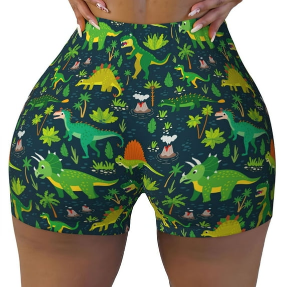 Wukai Dinosaurs and Tropical Leaves and Flowers Print Pack Biker Shorts for Women Yoga Workout Gym Running Scrunch Active Shorts-Small