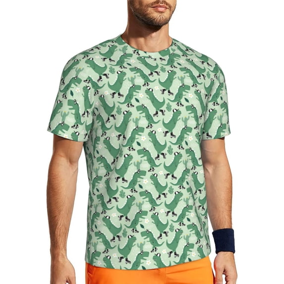 Wukai Dinosaurs on Roller Skater Print Men's Short-Sleeved Mesh T-Shirt,Quick-Dry Short Sleeve Workout T-Shirt-4X-Large