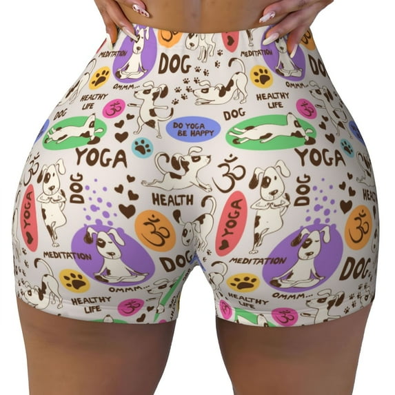 Wukai Dog Doing Yoga Print Pack Biker Shorts for Women Yoga Workout Gym Running Scrunch Active Shorts-