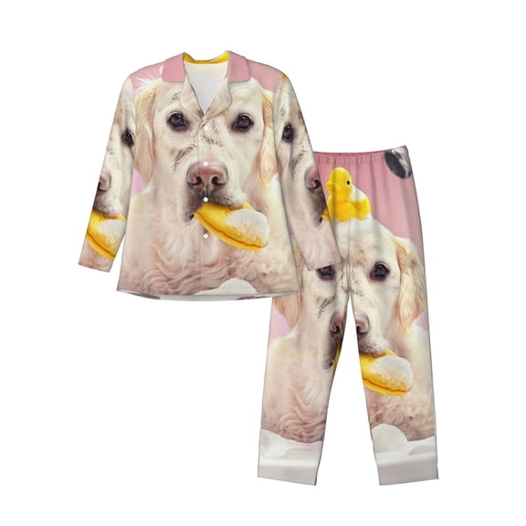 Wukai Dog Sitting In Bathtub With Duck On Head Men's Long-Sleeve Pajama Set - Comfortable Sleepwear with Button-Down Shirt and Pants-Medium