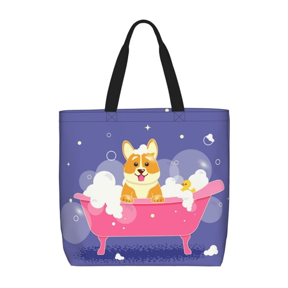 Wukai Dog Washes in a Pink Bath Print Reusable Grocery Bag Shopping Bags with Zipper Shoulder Shopping Handle Bag Suitable for Outdoor Convenient Daily Bag