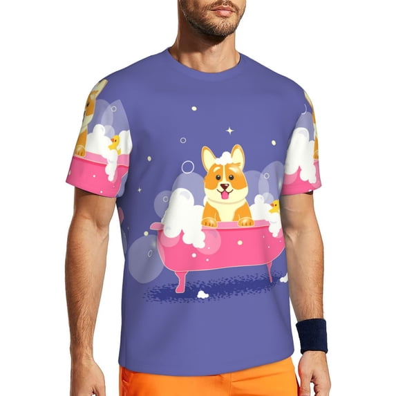 Wukai Dog Washes in a Bath Print Men's Short-Sleeved Mesh T-Shirt,Quick-Dry Short Sleeve Workout T-Shirt-Medium