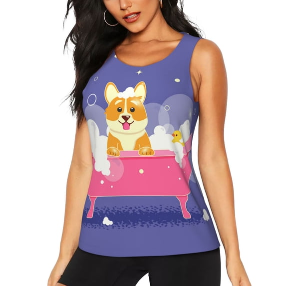 Wukai Dog Washes in a Bath Print Women's Workout Tank Top Mesh Yoga Shirts Athletic Running Tank Tops Athletic Gym Shirts - Medium