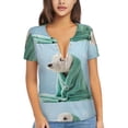 thumbnail image 1 of Wukai Dog Wrapped in Towel Casual V-Neck Graphic Tees for Women: Lightweight and Breathable Summer Tops with Stylish Design-X-Large, 1 of 8