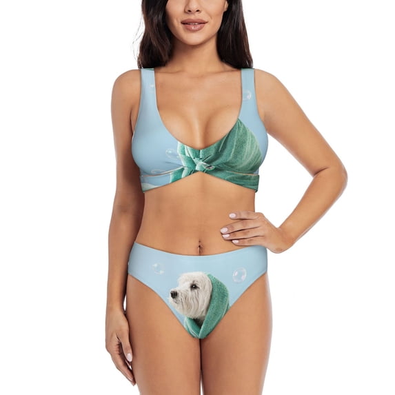 Wukai Dog Wrapped in Towel Women's Bikini Set Two Piece,wimsuit High Waisted V Neck Twist Front Adjustable Spaghetti Straps Bathing Suit-Small