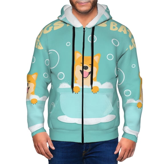 Wukai Dogs Loves Bath Print Men's Zip-Up Hoodie,Fleece Full-Zip Hoodie for Men, Hooded Sweatshirt-XX-Large