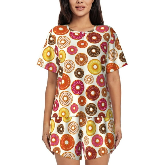 Wukai Donut Print Women's Pajama Set - Short-Sleeve Top and Shorts with Elastic Waistband and Pockets for Loungewear, Yoga, and Casual Wear-Small