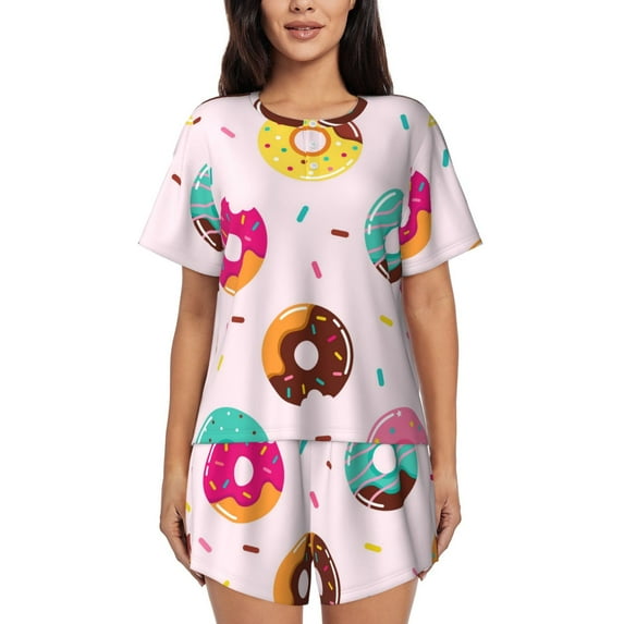 "Wukai Donut Women's Pajama Set - Short-Sleeve Top and Shorts with Elastic Waistband and Pockets for Loungewear, Yoga, and Casual Wear-Large