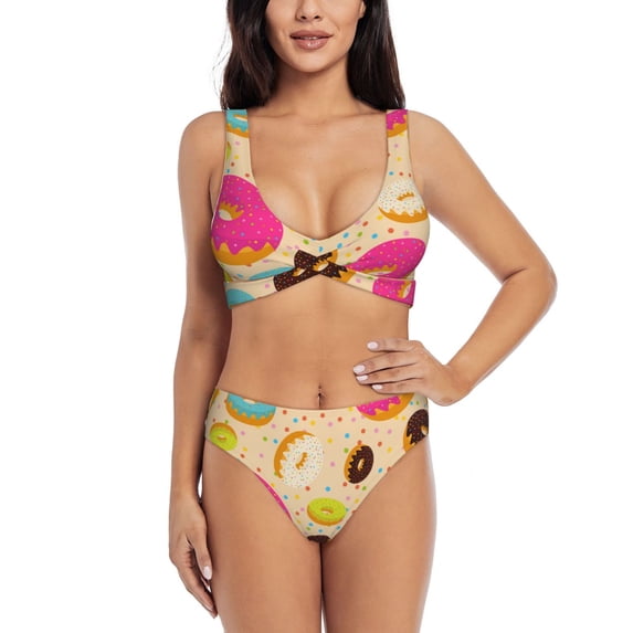 Wukai Donuts Women's Bikini Set Two Piece,wimsuit High Waisted V Neck Twist Front Adjustable Spaghetti Straps Bathing Suit-Large