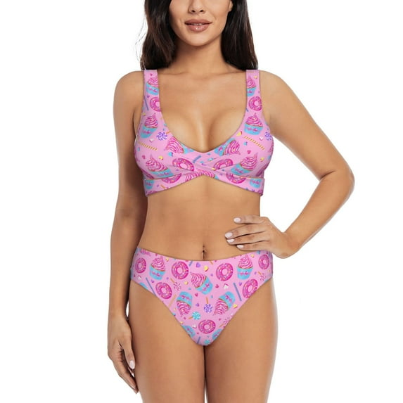 Wukai Donuts Women's Bikini Set Two Piece,wimsuit High Waisted V Neck Twist Front Adjustable Spaghetti Straps Bathing Suit-