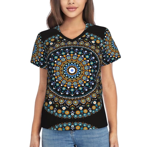 Wukai Dot Mandala Classic V-Neck T-Shirt for Women: Comfortable, Stylish, and Versatile Wardrobe Essential-Large