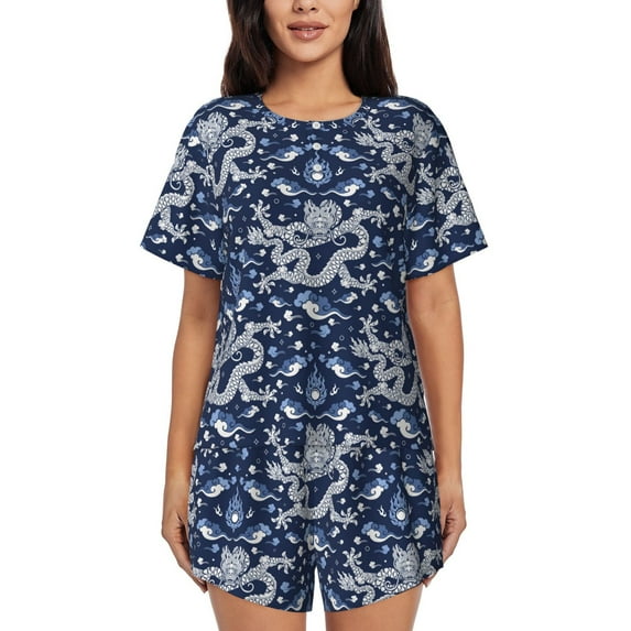 "Wukai Dragon Women's Pajama Set - Short-Sleeve Top and Shorts with Elastic Waistband and Pockets for Loungewear, Yoga, and Casual Wear-Large