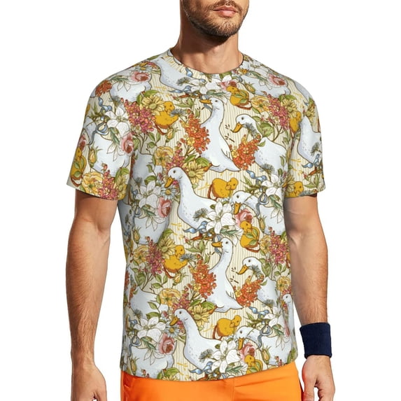 Wukai Ducks and Flowers Print Men's Short-Sleeved Mesh T-Shirt,Quick-Dry Short Sleeve Workout T-Shirt-Medium