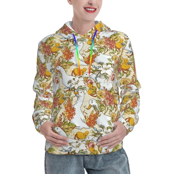 Wukai Ducks and Flowers Print Womens Hoodies Fleece Sweatshirts Long Sleeve Sweaters Pullover Fall Outfits Winter Clothes-X-Large