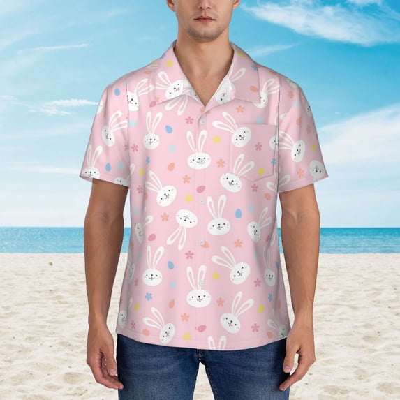 Wukai Easter Cute Rabbit Men's Hawaiian Shirt Short Sleeve Casual Button Down Summer Beach Aloha Shirt Tropical Print Holiday Party