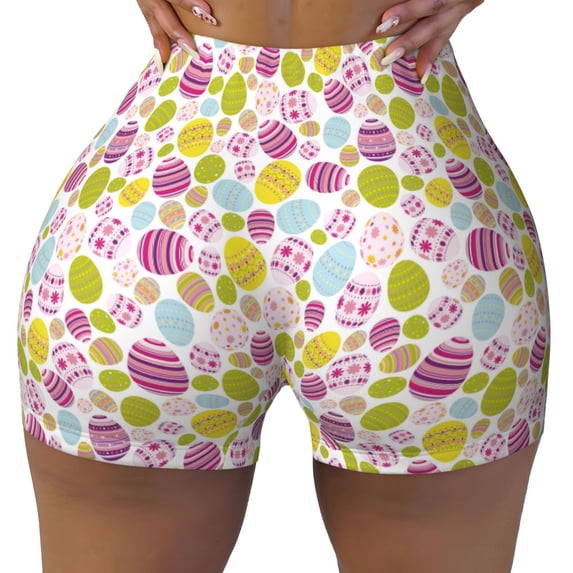 Wukai Easter Egg Print Pack Biker Shorts for Women Yoga Workout Gym Running Scrunch Active Shorts-X-Large