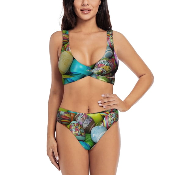 Wukai Easter Egg1 Women's Bikini Set Two Piece,wimsuit High Waisted V Neck Twist Front Adjustable Spaghetti Straps Bathing Suit-Large