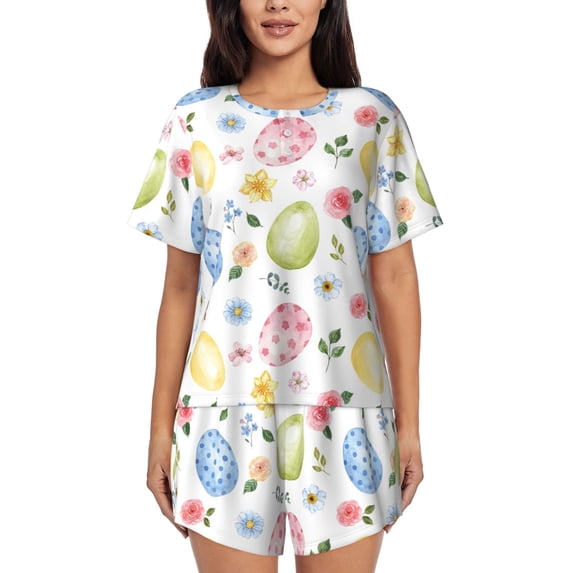 Wukai Easter Egg3 Women's Pajama Set,Short-Sleeve Top and Shorts with Elastic Waistband and Pockets for Loungewear, Yoga, and Casual Wear-Medium