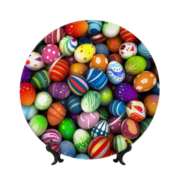 Wukai Easter Eggs2 Print Decorative Plate for Display,Bone China Decorative Plate, Ceramic Dinner Plate with Stand, Vertical Ceramic Plate-6in