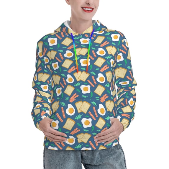 Wukai Eggs Toast Bacon And Arugula Print Womens Hoodies Fleece Sweatshirts Long Sleeve Sweaters Pullover Fall Outfits Winter Clothes-Large