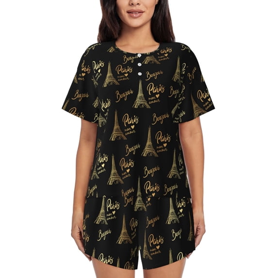 Wukai Eiffel Tower Print Women's Pajama Set - Short-Sleeve Top and Shorts with Elastic Waistband and Pockets for Loungewear, Yoga, and Casual Wear-4X-Large