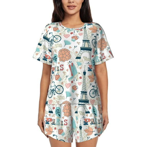 Wukai Eiffel Tower Women's Pajama Set,Short-Sleeve Top and Shorts with Elastic Waistband and Pockets for Loungewear, Yoga, and Casual Wear-XX-Large