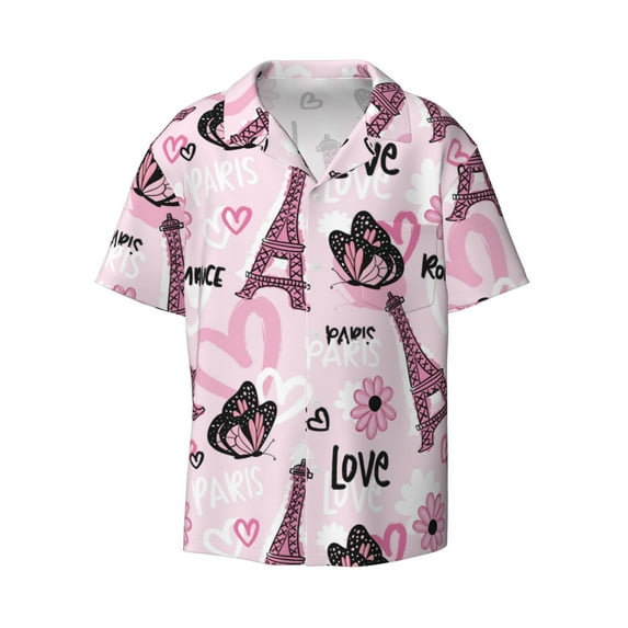 Wukai Eiffel Tower and Butterflies Men's Casual Short-Sleeve Button Down Shirt - Lightweight Summer Dress Shirt for Daily Wear-Large