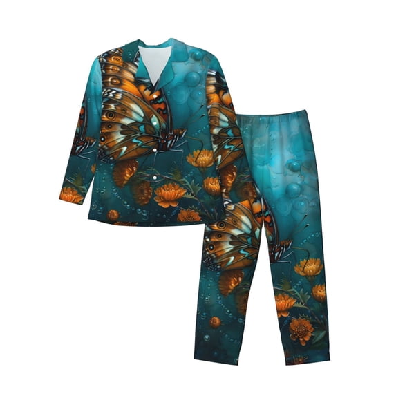 Wukai Elegant Butterfly And Flowers Men's Long-Sleeve Pajama Set - Comfortable Sleepwear with Button-Down Shirt and Pants-Small