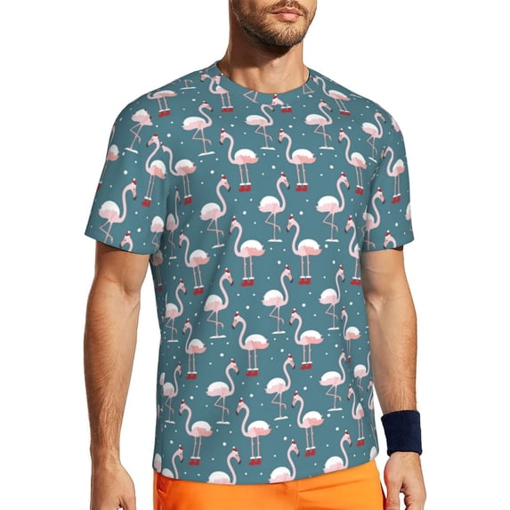Wukai Elegant Flamingo Print Men's Short-Sleeved Mesh T-Shirt,Quick-Dry Short Sleeve Workout T-Shirt-X-Small
