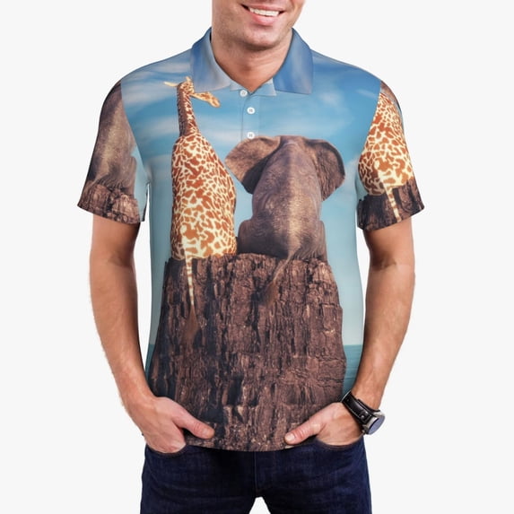 Wukai Elephant And A Giraffe Sitting On A Rock Admiring The Ocean Men’s Polo Shirts Sleeve,Camisas Polo Para Hombre,True Classic Tees Men-XX-Large