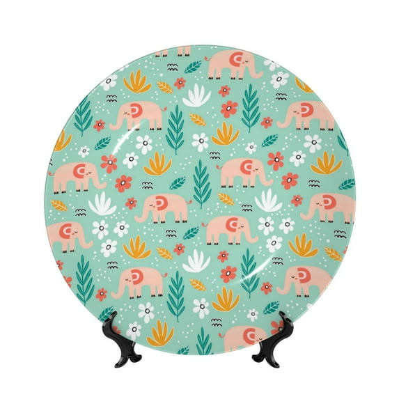 Wukai Elephant and Flowers Print Decorative Plate for Display,Bone China Decorative Plate, Ceramic Dinner Plate with Stand, Vertical Ceramic Plate-10in