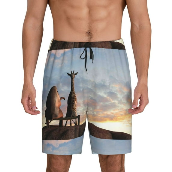 Wukai Elephant Giraffe Men’s Short Pajama Pants With Pockets Soft Sleep Pj Shorts for Men-3X-Large
