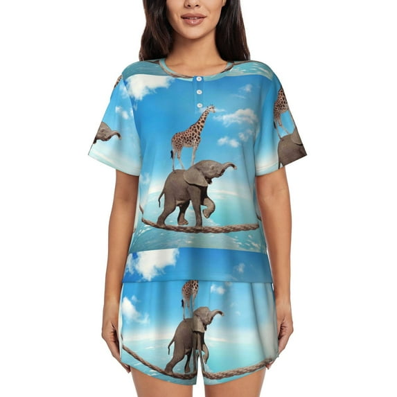 "Wukai Elephant Giraffe Women's Pajama Set - Short-Sleeve Top and Shorts with Elastic Waistband and Pockets for Loungewear, Yoga, and Casual Wear-Small