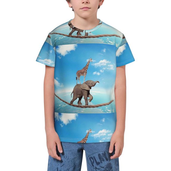 Wukai Elephant Giraffe Youth Unisex Short Sleeve T-Shirt for Boys, Girls, Teens, and Kids-Medium
