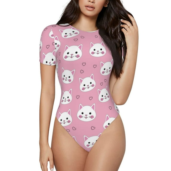 Naloa Cute Cat Women's Short-Sleeved Onesie, One-Piece Swimsuit for Parties, dates, clubs - Large
