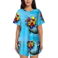 thumbnail image 1 of Wukai Elephant Trunk Couple Flowers Print Women's Pajama Set - Short-Sleeve Top and Shorts with Elastic Waistband and Pockets for Loungewear, Yoga, and Casual Wear-X-Large, 1 of 6