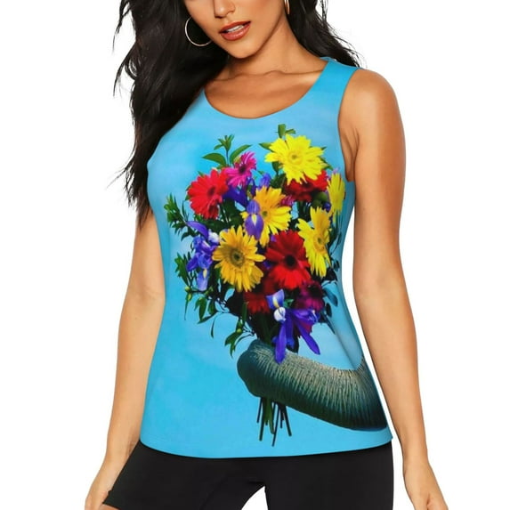 Wukai Elephant Trunk Couple Flowers Print Women's Workout Tank Top Mesh Yoga Shirts Athletic Running Tank Tops Athletic Gym Shirts -
