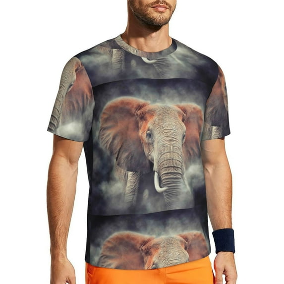 Wukai Elephant in Smoke Print Men's Short-Sleeved Mesh T-Shirt,Quick-Dry Short Sleeve Workout T-Shirt-3X-Large