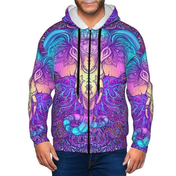 Wukai Elephant in Tribal Style Print Men's Zip-Up Hoodie,Fleece Full-Zip Hoodie for Men, Hooded Sweatshirt-Small