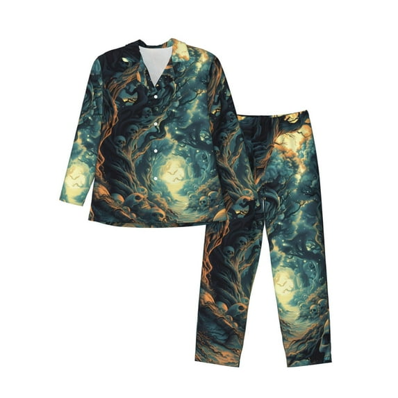 Wukai Enchanted Forest Skull Path Men's Long-Sleeve Pajama Set - Comfortable Sleepwear with Button-Down Shirt and Pants-Medium