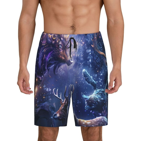 Wukai Enchanted Forest Stag Gathering Men’s Short Pajama Pants With Pockets Soft Sleep Pj Shorts for Men-3X-Large