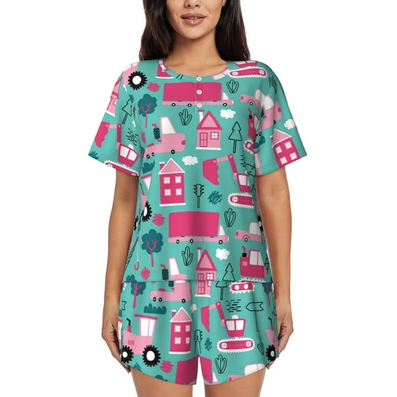 "Wukai Excavator Women's Pajama Set - Short-Sleeve Top and Shorts with Elastic Waistband and Pockets for Loungewear, Yoga, and Casual Wear-Large