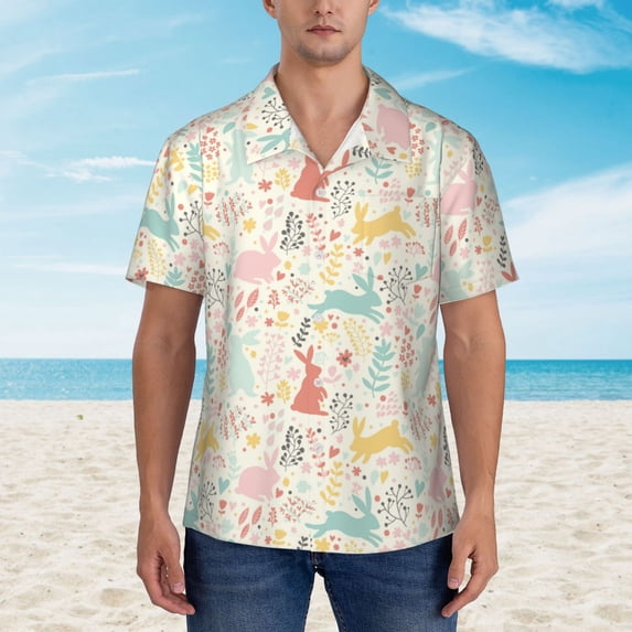 Wukai Fall Rabbit Men's Hawaiian Shirt Short Sleeve Casual Button Down Summer Beach Aloha Shirt Tropical Print Holiday Party