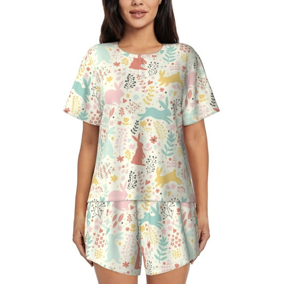 Wukai Fall Rabbit Women's Pajama Set,Short-Sleeve Top and Shorts with Elastic Waistband and Pockets for Loungewear, Yoga, and Casual Wear-Medium