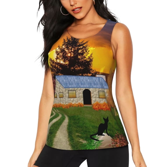 Wukai Fall Village Scenery Print Women's Workout Tank Top Mesh Yoga Shirts Athletic Running Tank Tops Athletic Gym Shirts -