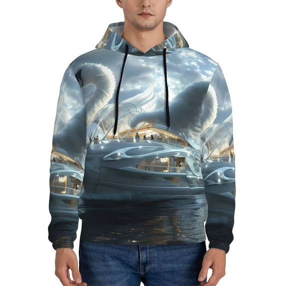 Wukai Fantasy Swan Yacht Design Print Men Hoodies Fleece Sweatshirts Long Sleeve Sweaters Pullover Fall Outfits Winter Clothes-Medium