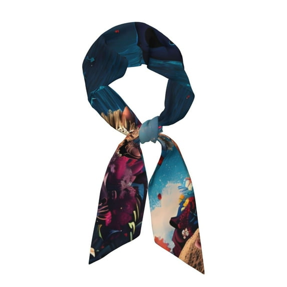 Wukai Fantasy Underwater Adventure Print Hair Scarf for Women Fashion Silky Satin Headscarf Wrap Breathable Lightweight Neck Scarves For Handbag Accessories