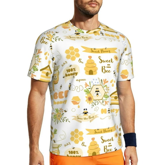 Wukai Farm Bee Cute Honey Print Men's Short-Sleeved Mesh T-Shirt,Quick-Dry Short Sleeve Workout T-Shirt-XX-Large