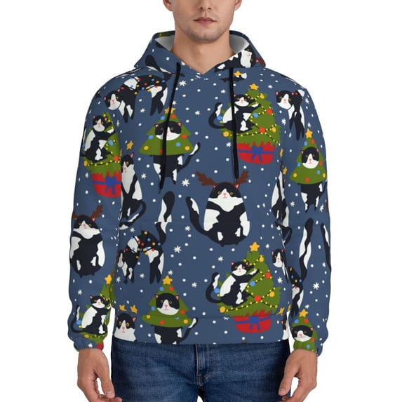 Wukai Festive Cats and Trees Print Men Hoodies Fleece Sweatshirts Long Sleeve Sweaters Pullover Fall Outfits Winter Clothes-3X-Large